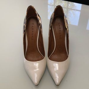 White & Animal Print Leather High Heel Pumps.